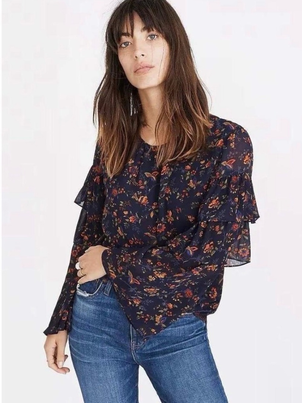 Madewell Navy Floral Tiered Ruffle Sleeve Blouse Small